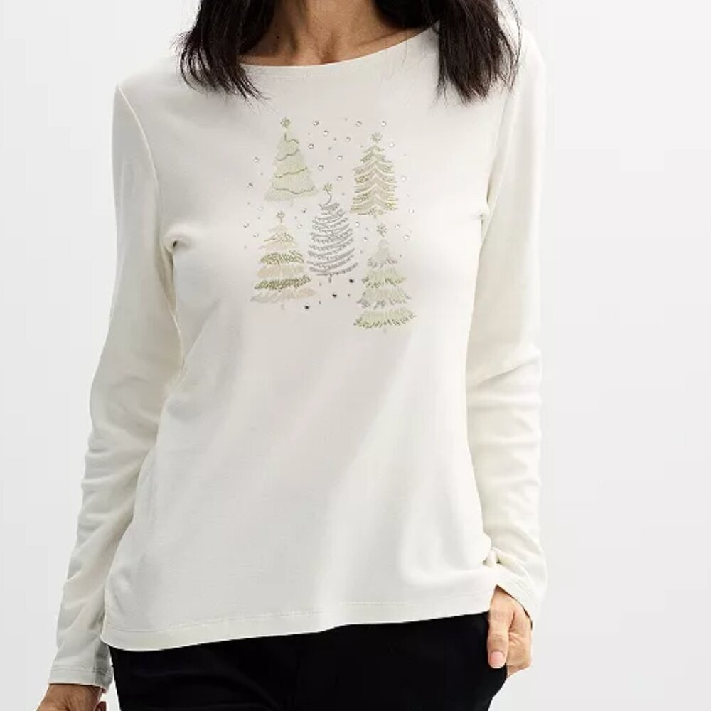 NWT Women's Croft & Barrow Holiday Tee Trees Graphic PL Petite Large New